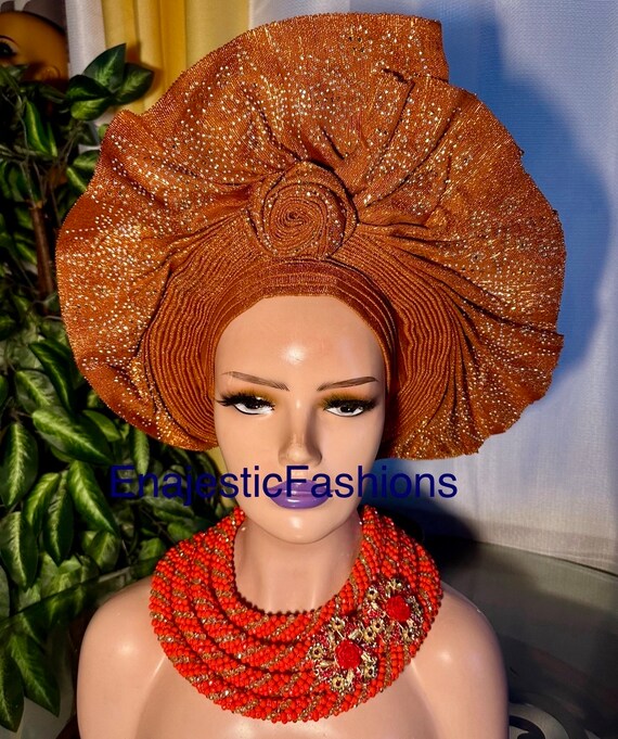 Aso Oke Pre-Tied Headtie / Gele Aso Oke Pre-tied Gele/midium Size/ African Auto Gele Headtie  main image 4