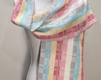 Fine Satin Block wool scarf - silk and merino - pastel multi warp - handwoven in Maine