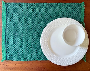 Maine Lattice Placemat - Navy/Green - 100% Cotton - handwoven in Maine