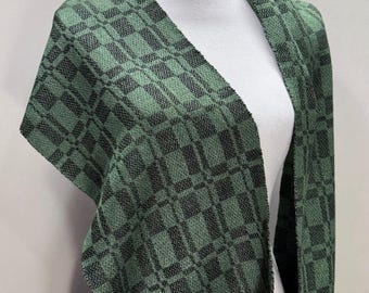 Fine Satin Block wool scarf - silk and merino - basil warp - handwoven in Maine