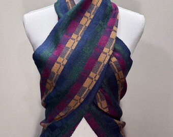 Fine Satin Block wool scarf - silk and merino - dark multi warp - handwoven in Maine