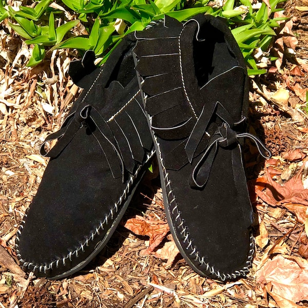 Men's Black Soft Suede Moccasins USA Made Comfortable Fringe Ankle Tie-up Bohemian Hippie Peasant Native American Vintage Style USA Made