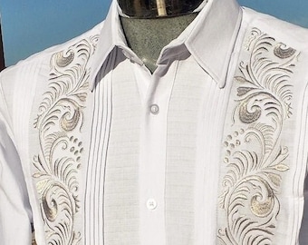 Presidential style White Guayabera linen wedding vacation men elegant unique silk silver plated embroidery long sleeve button down Mexico.