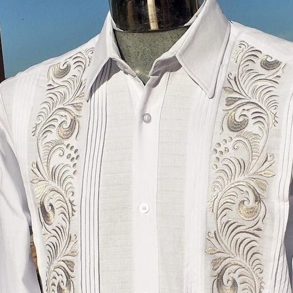 Presidential style White Guayabera linen wedding vacation men elegant unique silk silver plated embroidery long sleeve button down Mexico.