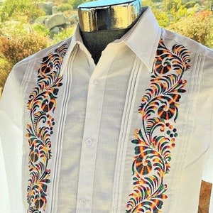 Presidential style white Guayabera linen fresh elegant wedding men beautiful multicolor embroidery long sleeve button down Mexico artisan