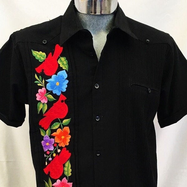 Presidential style black Guayabera  linen fresh wedding men beautiful red birds & floral embroidery short sleeve button down Mexico artisan