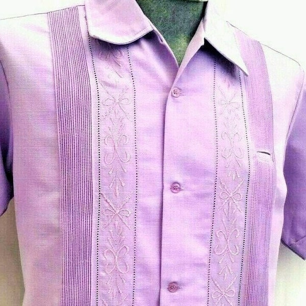 Lavender Guayabera 100% linen fresh wedding vacation men silk embroidery short sleeve pockets formal pen pocket
