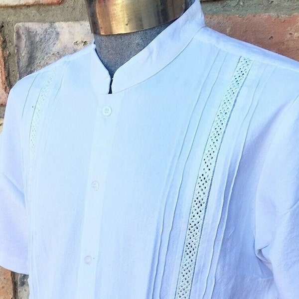 White Guayabera Cotton manta fresh wedding vacation men white silk embroidery short sleeve bottom down pockets peasant Mexico artisan boho