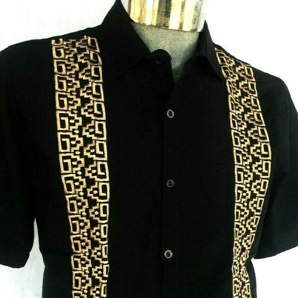 Presidential Style Black Guayabera Linen Cotton Fresh Wedding Vacation Unique Gold Embroidery Ehort Eleeve Button Down Pockets Mexico Boho