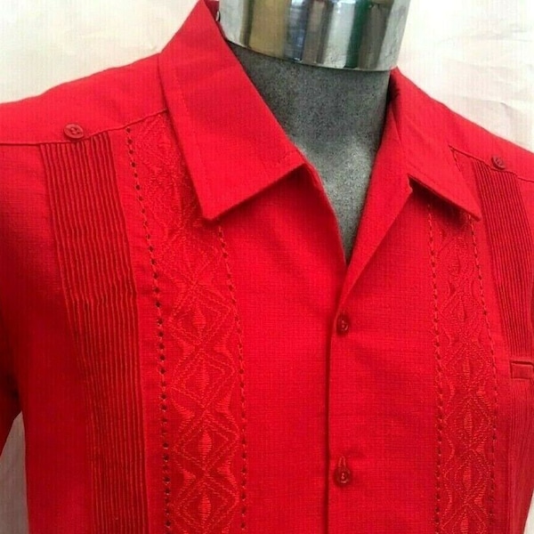 Red Guayabera 100% linen fresh wedding vacation men silk embroidery short sleeve pockets formal pen pocket