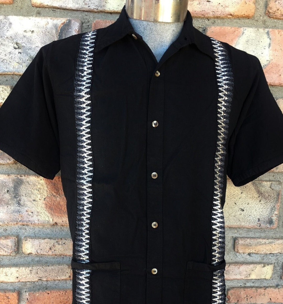 Black Guayabera 100% Cotton Manta Pre-wash Fresh Wedding Vacation Men ...