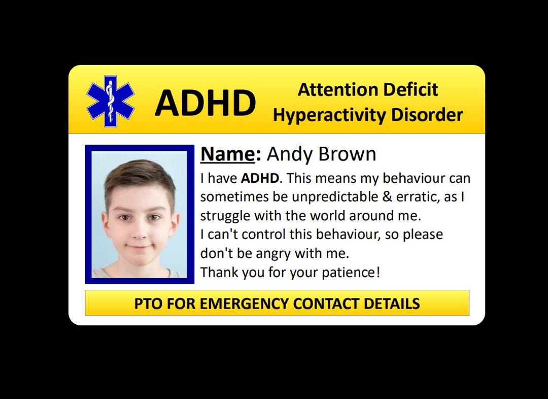 Personalised ADHD Awareness Alert Medical Photo Card in Case of ...