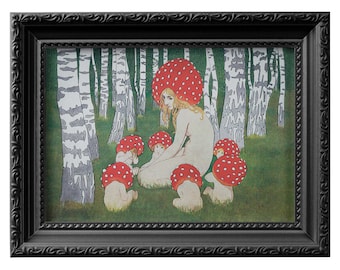 Mother Mushroom with her Children by Art Nouveau artist Edward Okuń | Woodland nursery art print |  Amanita mushroom poster 0087