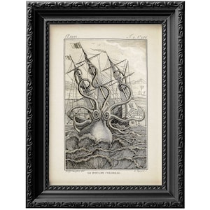 Kraken giant octopus and shipwreck rustic bathroom or home office wall art print, enhanced reproduction of  19th century illustration 0034