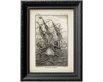 May include: A black and white illustration of a giant octopus attacking a ship. The image is framed in a black ornate frame. The text "LE POUPE. COLOSSAL." is at the bottom of the image.