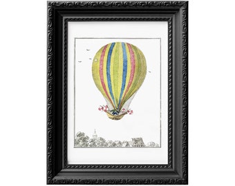 Montgolfière dans les airs avec le paysage de la ville en dessous et les gens acclamant sur un toit. décoration de pépinière vintage affiche impression art mural 0053
