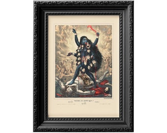 Goddess Kali, striding onto the corpse of Shiva - 19th century Bengal lithographic print reproduction,  Hindu goddess art 0106