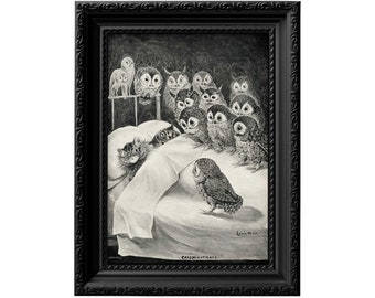 Louis Wain - Cats Nightmare. Cats and owls victorian art print. Living room cat decor poster 0165