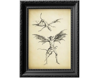 Deux créatures mythiques volantes | Ailes de démon | Art d'horreur | Art occulte | affiche ancienne 0101