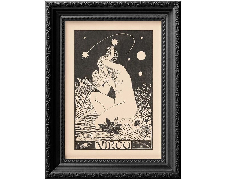 Puede incluir: Ilustraci&oacute;n en blanco y negro de una mujer que representa el signo astrol&oacute;gico Virgo. La mujer est&aacute; sentada en un campo de flores y se ven estrellas en el cielo nocturno. El texto "VIRGO" est&aacute; impreso debajo de la imagen.