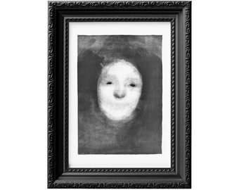 Study of a smiling female face, minimalist faceless portrait reproduction print, surreal dark art wall decor 0065