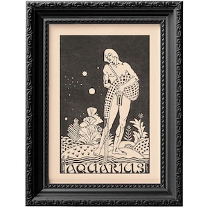 May include: A black and white illustration of the astrological sign Aquarius. The image depicts a figure pouring water from a jar, surrounded by stars and plants. The text "Aquarius" is written in a decorative font at the bottom of the image.