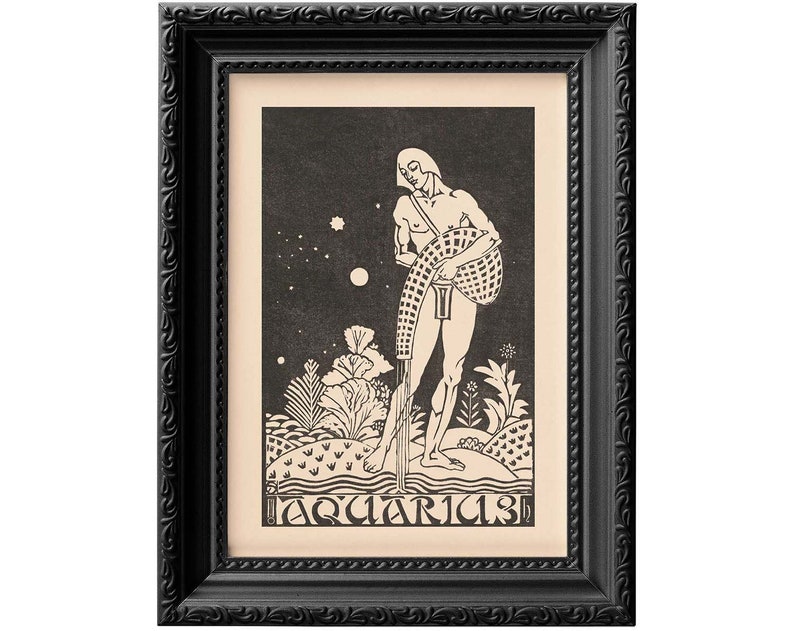May include: A black and white illustration of the astrological sign Aquarius. The image depicts a figure pouring water from a jar, surrounded by stars and plants. The text "Aquarius" is written in a decorative font at the bottom of the image.