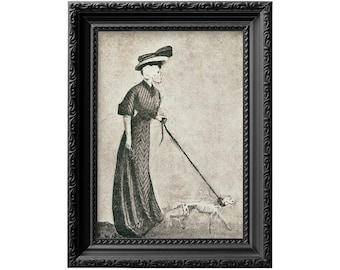 Dame squelette zombie victorienne marchant un chien zombie mort effrayant, impression affiche macabre d'halloween art sombre 0068