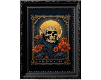 Memento Mori Art Print: Medieval Skull & Flowers, Gothic Home Decor