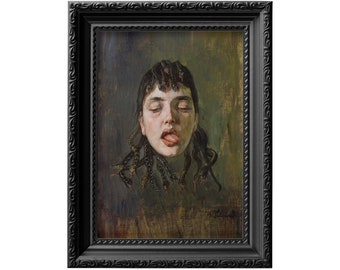 Tête de gorgone, reproduction de peinture à l'huile de Wilhelm Trubner, mythologie grecque femme fatale aux cheveux de serpent et à la langue qui sort 0063