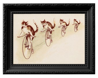 Impression de chats sur des vélos Penny Farthing : art publicitaire victorien