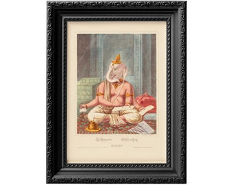Hindu deity Ganesha, the elephant-headed son of Shiva and Parvati, 19th century Bengal lithographic print reproduction 0104