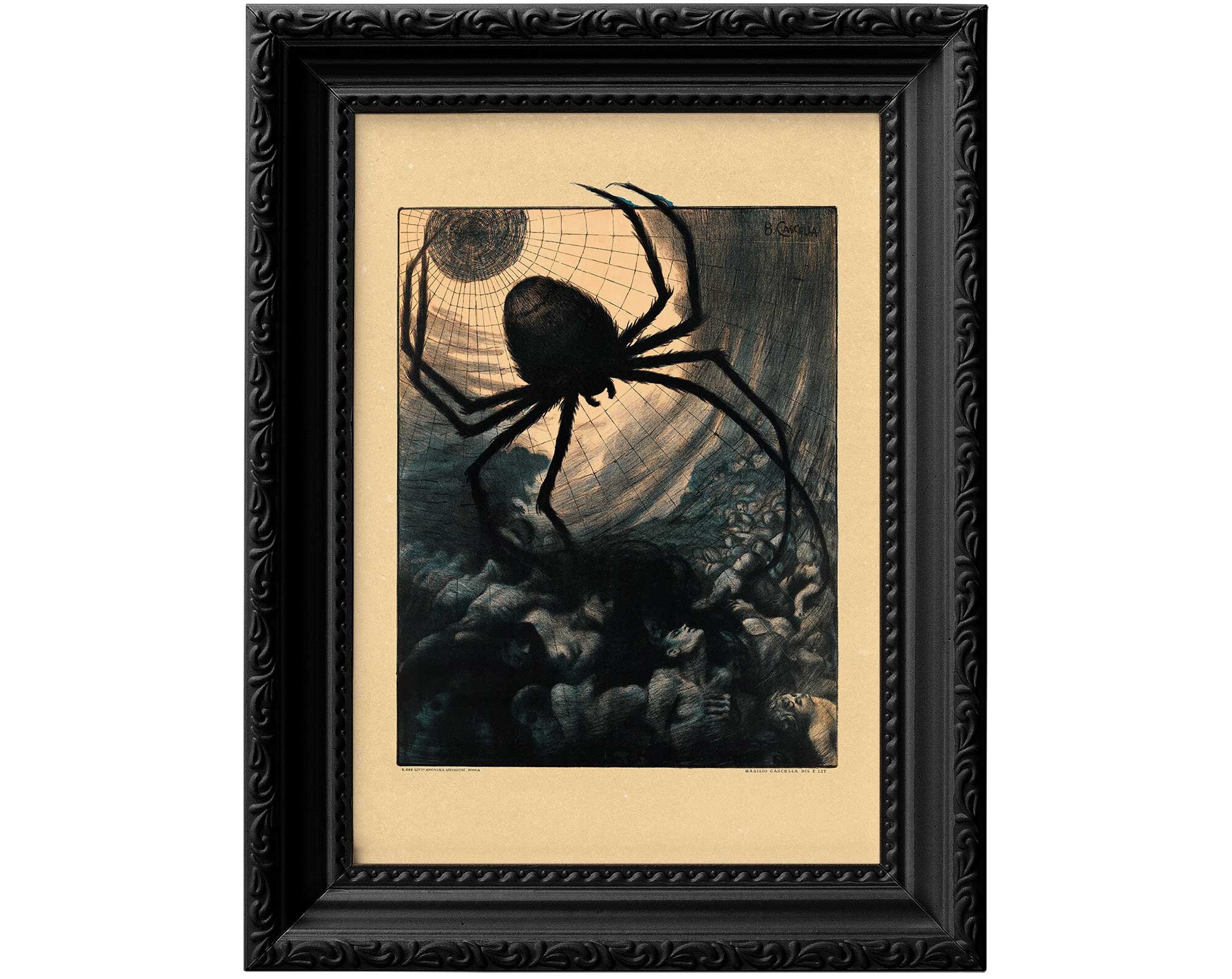 A giant spider catching crowds of humans in its web. Colour lithograph reproduction print, spooky horror decor,  goth wall art 0134