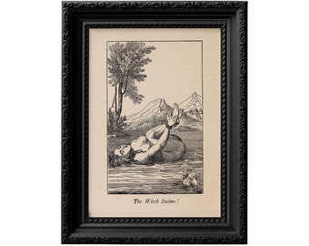 La sorcière nage ! Reproduction d'une impression à partir d'un ancien manuscrit de sorcellerie du XVIIe. Affiche d'art sombre gothique et wicca 0136