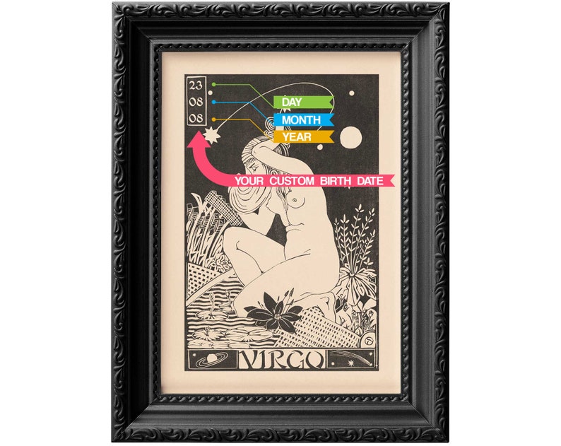 Puede incluir: Una impresi&oacute;n enmarcada en negro de un signo del zod&iacute;aco Virgo con una mujer en una ilustraci&oacute;n en blanco y negro. La impresi&oacute;n tiene una pancarta rosa que dice "Tu fecha de nacimiento personalizada" y una pancarta colorida que dice "D&iacute;a, Mes, A&ntilde;o".