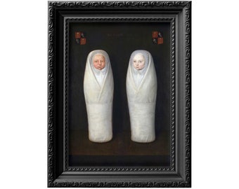 Portrait of early deceased swaddled twins by an anonymous Dutch artist. 17th century oil painting reproduction print, macabre home decor 103