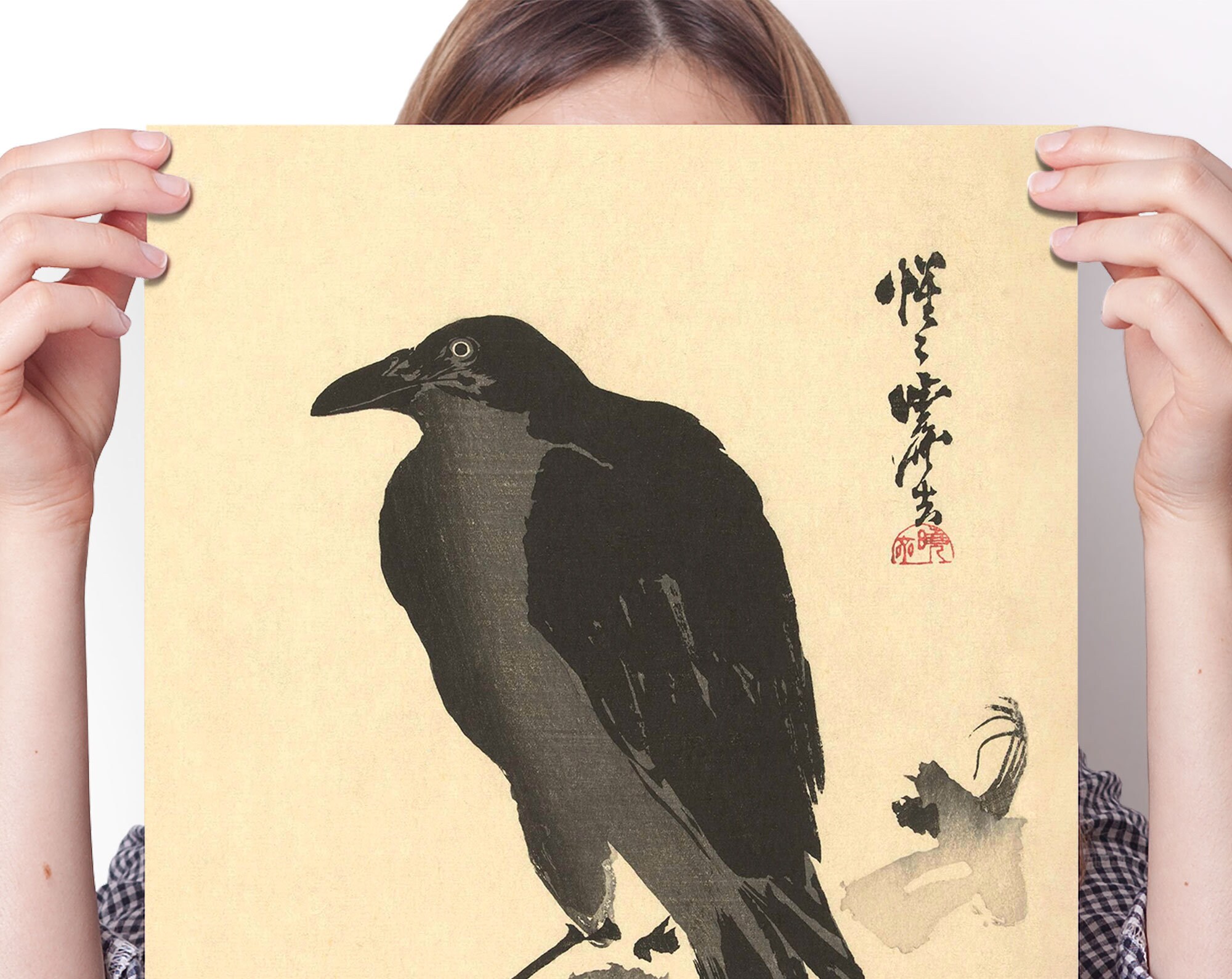 Black Crow or Raven on a Tree Trunk. 19th Century Japanese