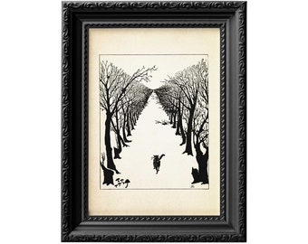 Gato negro caminando por el callejón de los árboles, impresión vintage sin marco de Cat Noir, póster decorativo de gato 0090