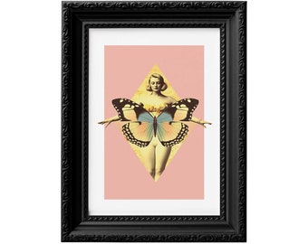 Impresión de mujer y mariposa: collage fotográfico de pin-up posmoderno