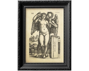 Death and the Standing Nude Woman, 16th century engraving reproduction print. Restored unframed medieval poster wall art 0017