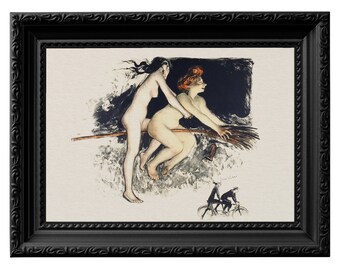 Deux sorcières profitant d'une balade en balai pour un sabbat. Reproduction sans cadre d'une lithographie française du XIXe siècle | Fierté lesbienne décor wicca 0119