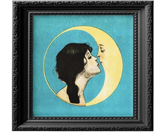 Croissant de lune embrassant une fille, impression de reproduction d'art mural lune de style Art déco, cadeau de mariage ou d'anniversaire de bohème pour elle 0055