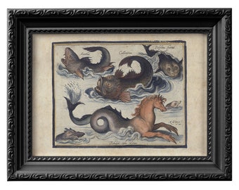 Mythical sea creatures, unframed reproduction of 16th century Dutch engraving on paper. Under the sea nautical decor poster print 0118