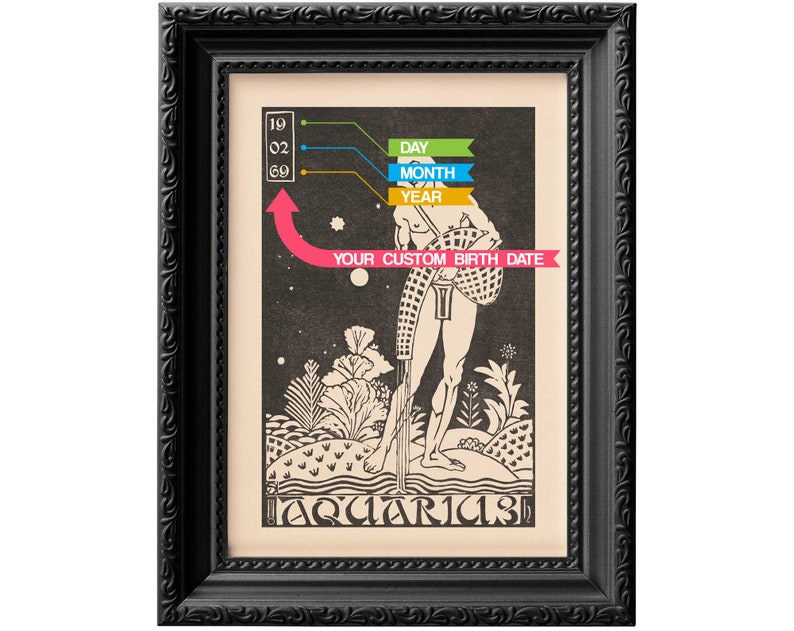 May include: Black framed print featuring a vintage illustration of a man holding a basket. The illustration is in black and white and features a stylised background with plants and stars. The text "Aquarius" is at the bottom of the print. The text "YOUR CUSTOM BIRTH DATE" is in pink at the top of the print.