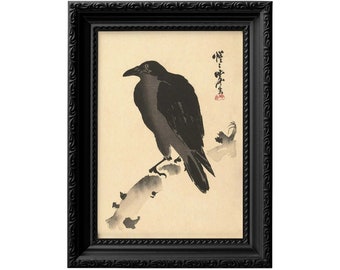 Black Crow or Raven on a tree trunk. 19th century Japanese woodblock print reproduction. Japanese art print 0143