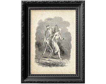 Ange de la mort avec une faux, main dans la main avec la Faucheuse. Reproduction d'art mural gothique squelette du XIXe siècle 0088