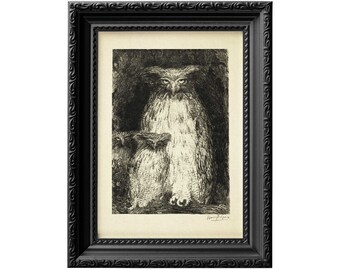 Mère hibou avec deux chevêches assises sur une branche. Impression d'affiche de décoration d'intérieur animal esprit hibou surnaturel 0059