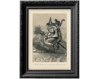 Sorcière d'Halloween sur un balai, avec un chat noir en colère assis sur le dos. Sorcellerie et décoration occulte païenne, impression d'art de qualité galerie 0054
