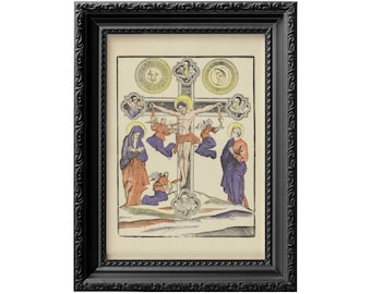 Crucified Jesus Christ with his mother Mary and John the Apostle on either side of the cross, Christian catholic art print 0095