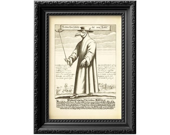 Plague Doctor print. Remastered reproduction of 17th century copper engraving. Unframed vintage poster wall art 0014